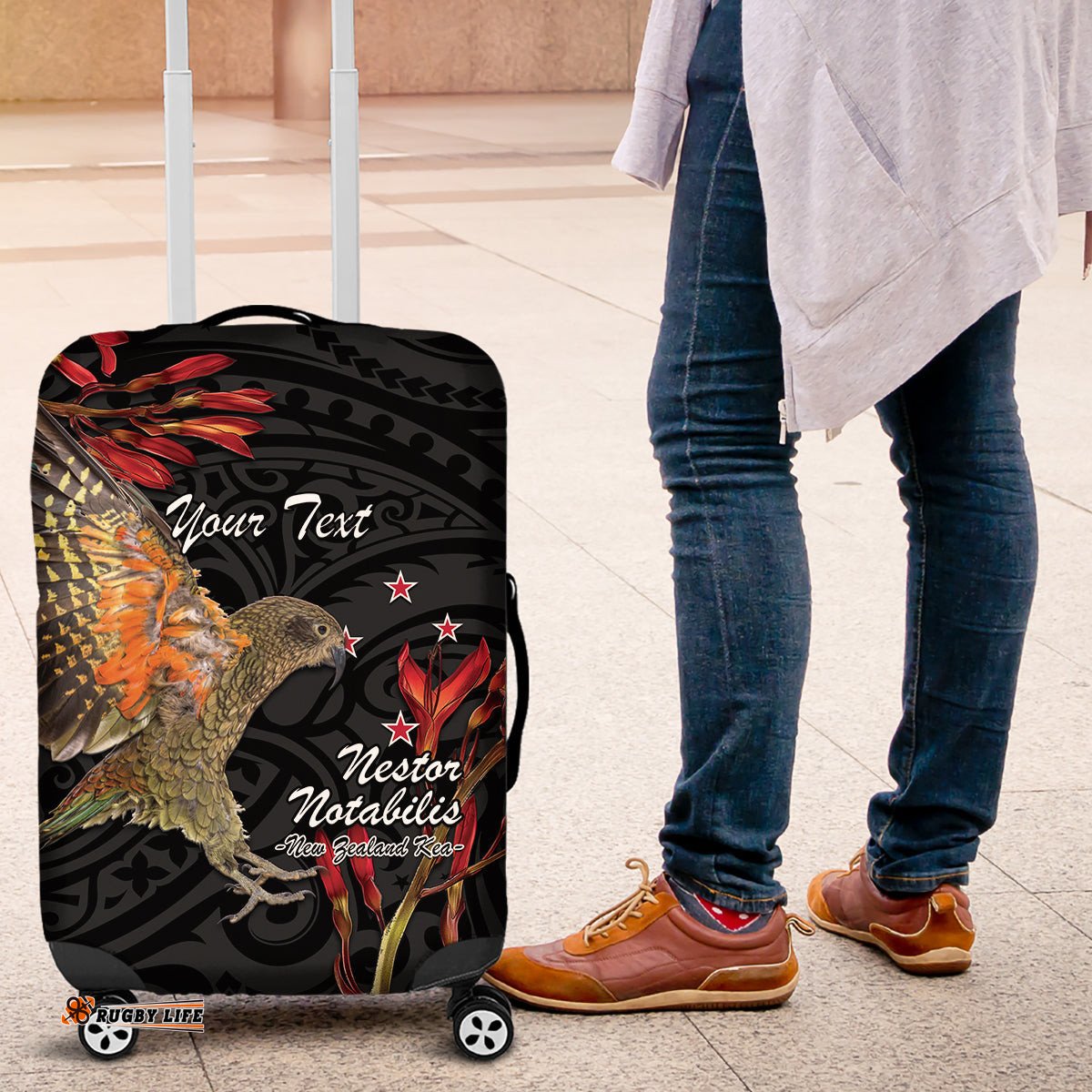 Personalised New Zealand Kea Luggage Cover Nestor Notabilis With Harakeke Maori Pattern