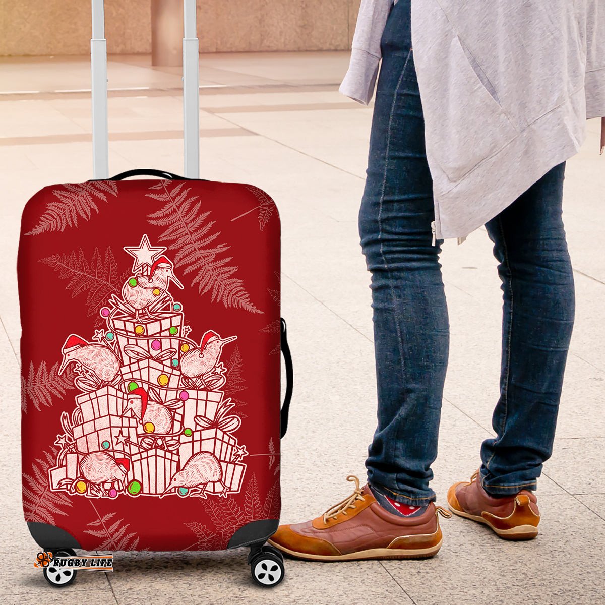 New Zealand Christmas Luggage Cover Silver Fern Mix Kiwi Bird Ver02