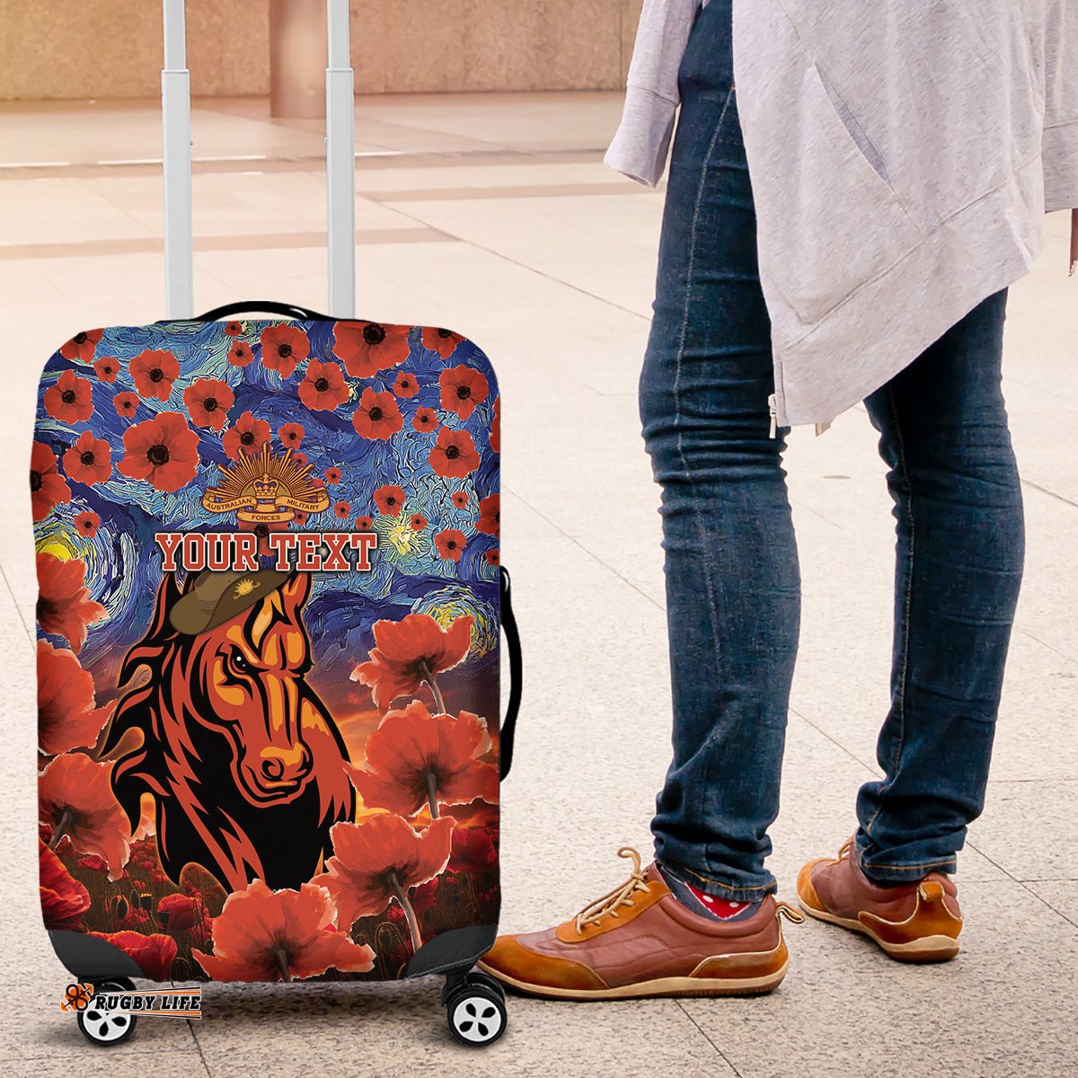 Personalised Broncos Rugby ANZAC Luggage Cover Starry Night and Field of Poppies
