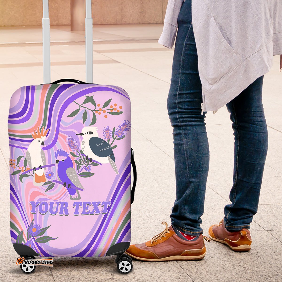 Personalised Australia Hippie Christmas Luggage Cover Cockatoo Kookaburra with Wattle Violet Pastel Color