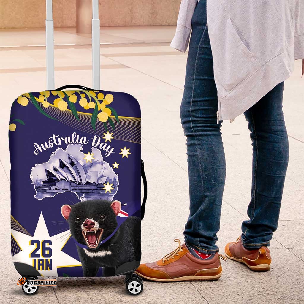 Tasimania Devil Australia Day Luggage Cover Aussie Aussie Aussie Oi! Oi! Oi! Blue