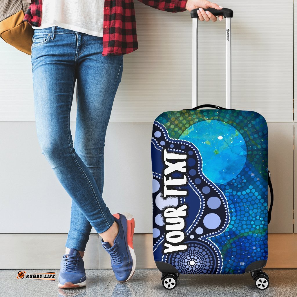 Custom Text Aboriginal Luggage Covers Australia Indigenous Flag Circle Dot Painting Art Blue