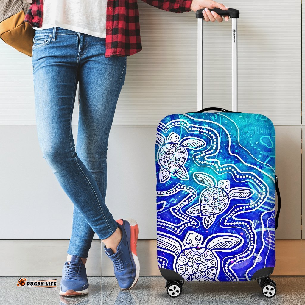 Aboriginal Luggage Covers Sea Turtle With Indigenous Patterns Blue