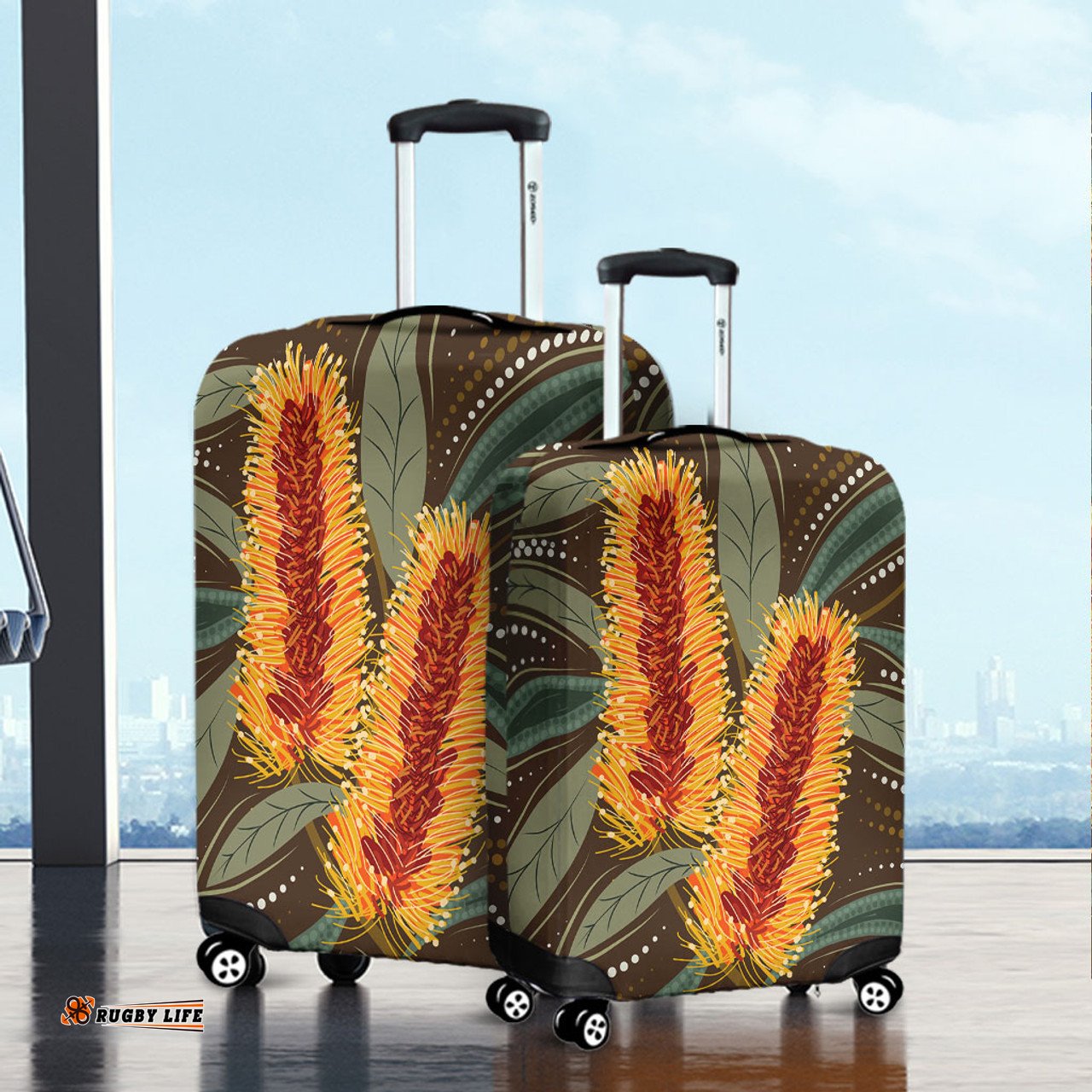 Australia Flowers Aboriginal Aboriginal Dot Art With Yellow Banksia Flower Luggage Cover