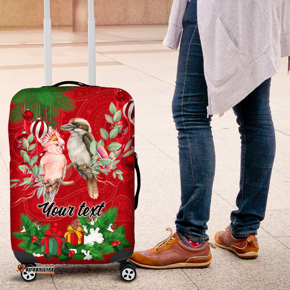 Personalised Kookaburra Lover Luggage Cover Australia Merry Christmas Aboriginal Red Style