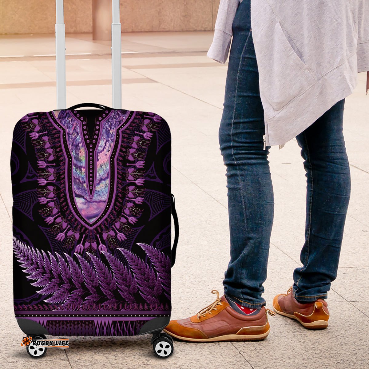 Purple African Dashiki With Aotearoa Maori Luggage Cover Paua Shell Mix Silver Fern