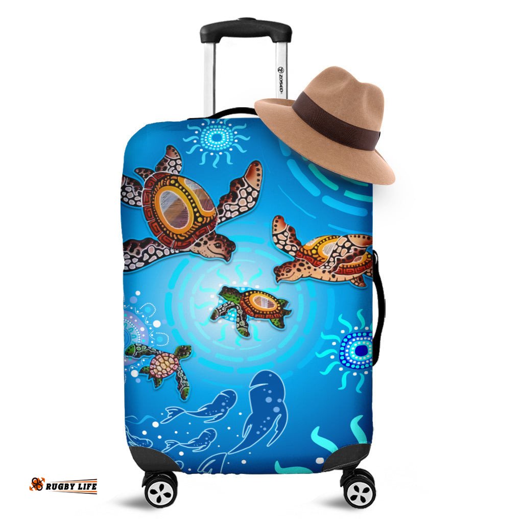 Australian Aboriginal Luggage Covers Happy Turtle Family Version Blue