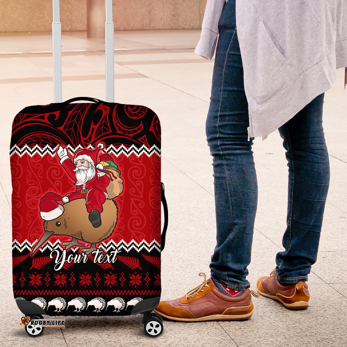 Personalised New Zealand Christmas Luggage Cover Kiwi Santa Claus Maori Meri Kirihimete