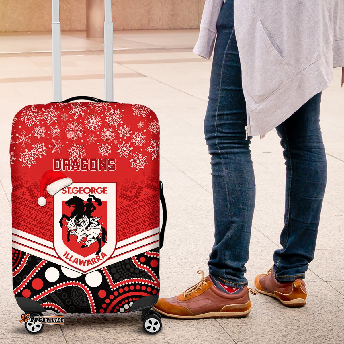 Custom Dragons Rugby Christmas Luggage Cover Merry Xmas Mix Aboriginal Art