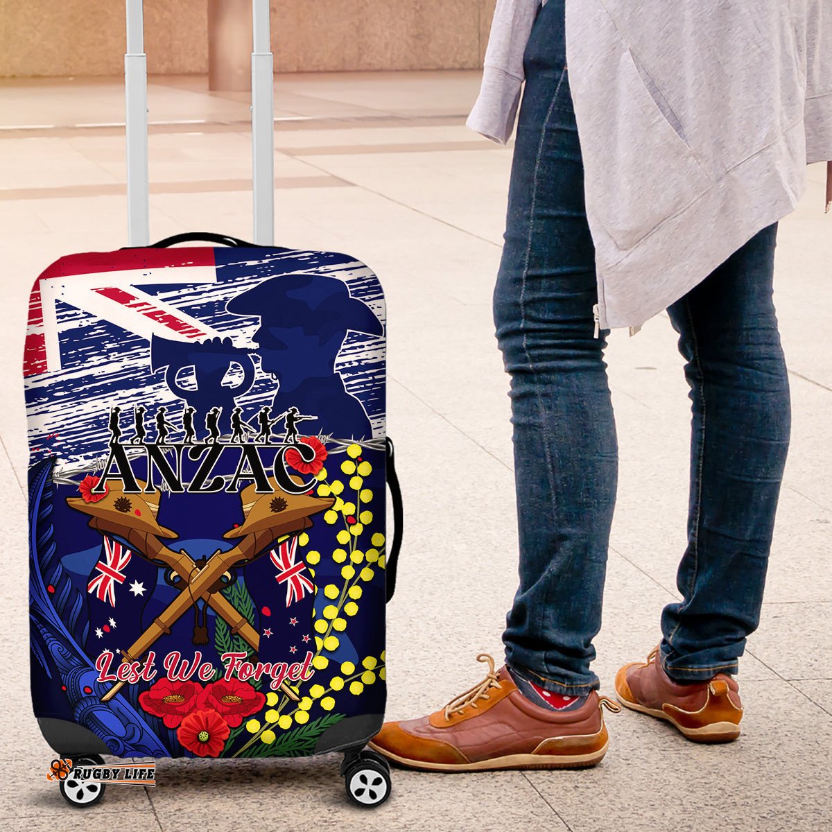 Australia And New Zealand ANZAC Day Luggage Cover Lest We Forget Silver Fern With Golden Wattle