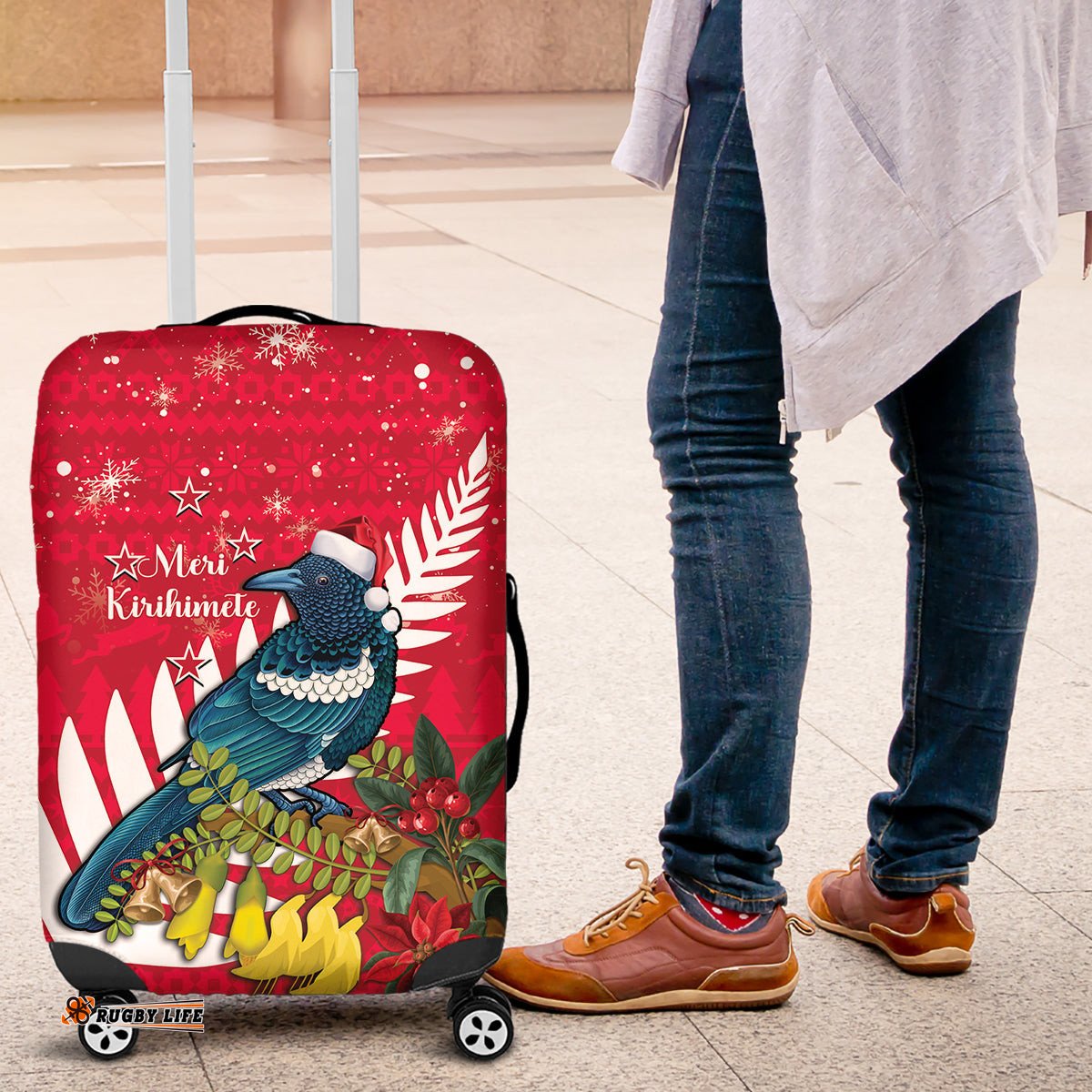 New Zealand Christmas In July Luggage Cover Tui Bird With Kowhai Meri Kirihimete