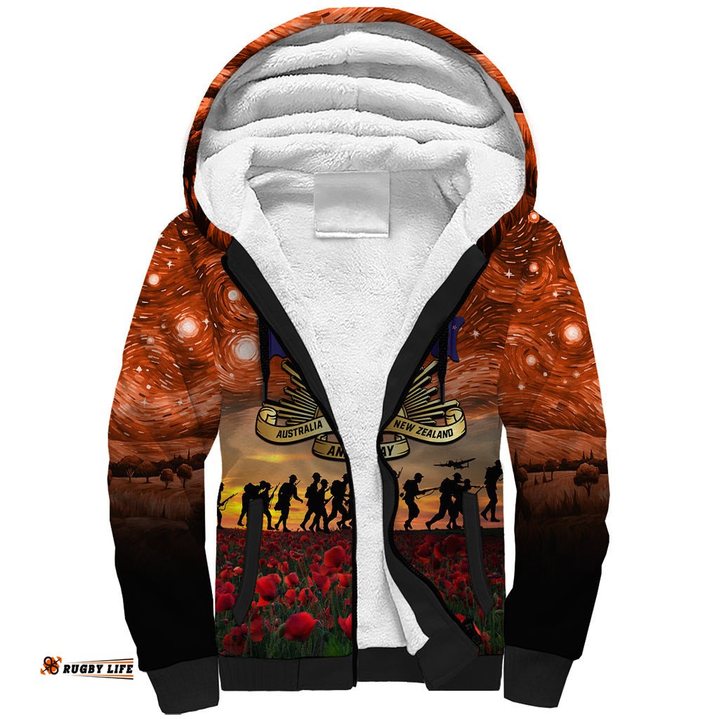 The Rising Sun Badge ANZAC Sherpa Hoodie Last Post Field of Poppy Starry Night Style