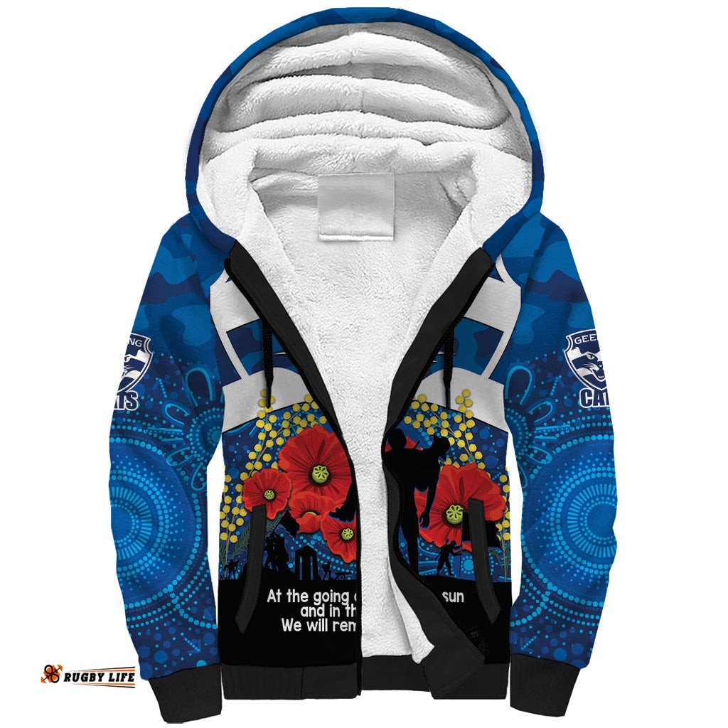 Custom Geelong Football ANZAC Sherpa Hoodie Gallipoli Camouflage With Poppies