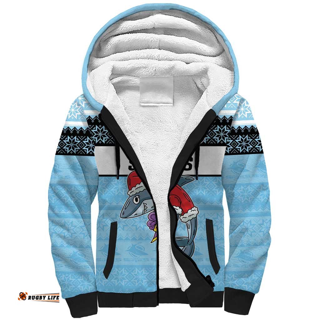 NRL Cronulla-Sutherland Christmas Personalised Sherpa Hoodie with Sharkies Santa