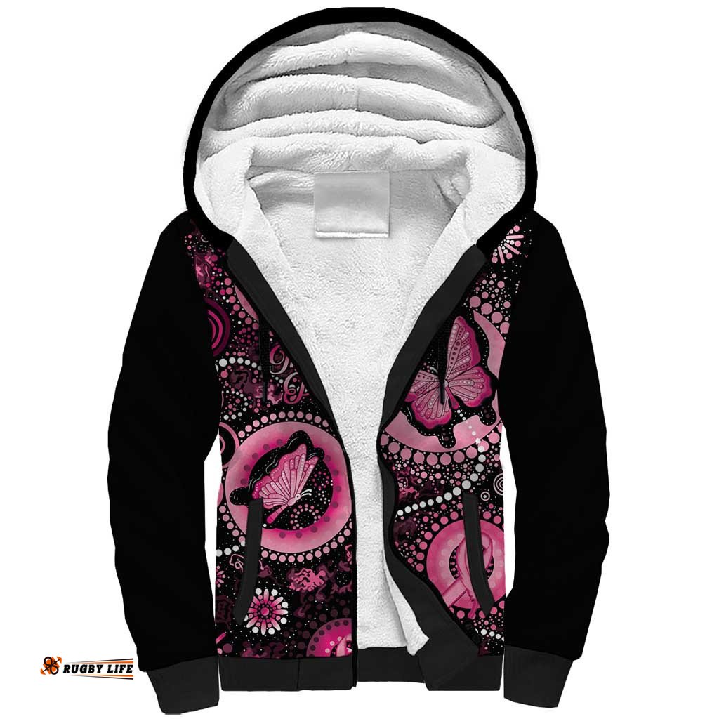 Personalised Australia Indigenous Sherpa Hoodie Breast Cancer Ribbon Think Pink - Black Version