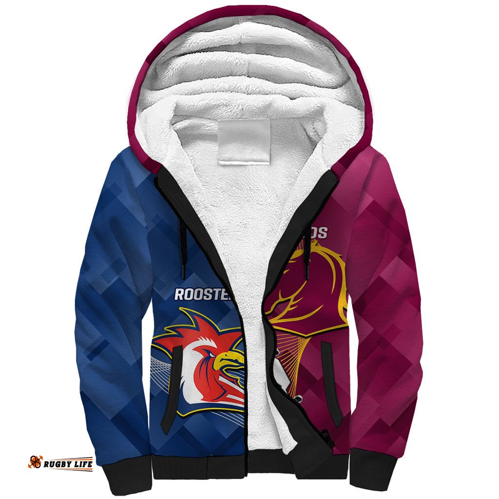 Personalised Roosters And Broncos Rugby Sherpa Hoodie NRL 2024 Dynamic Together