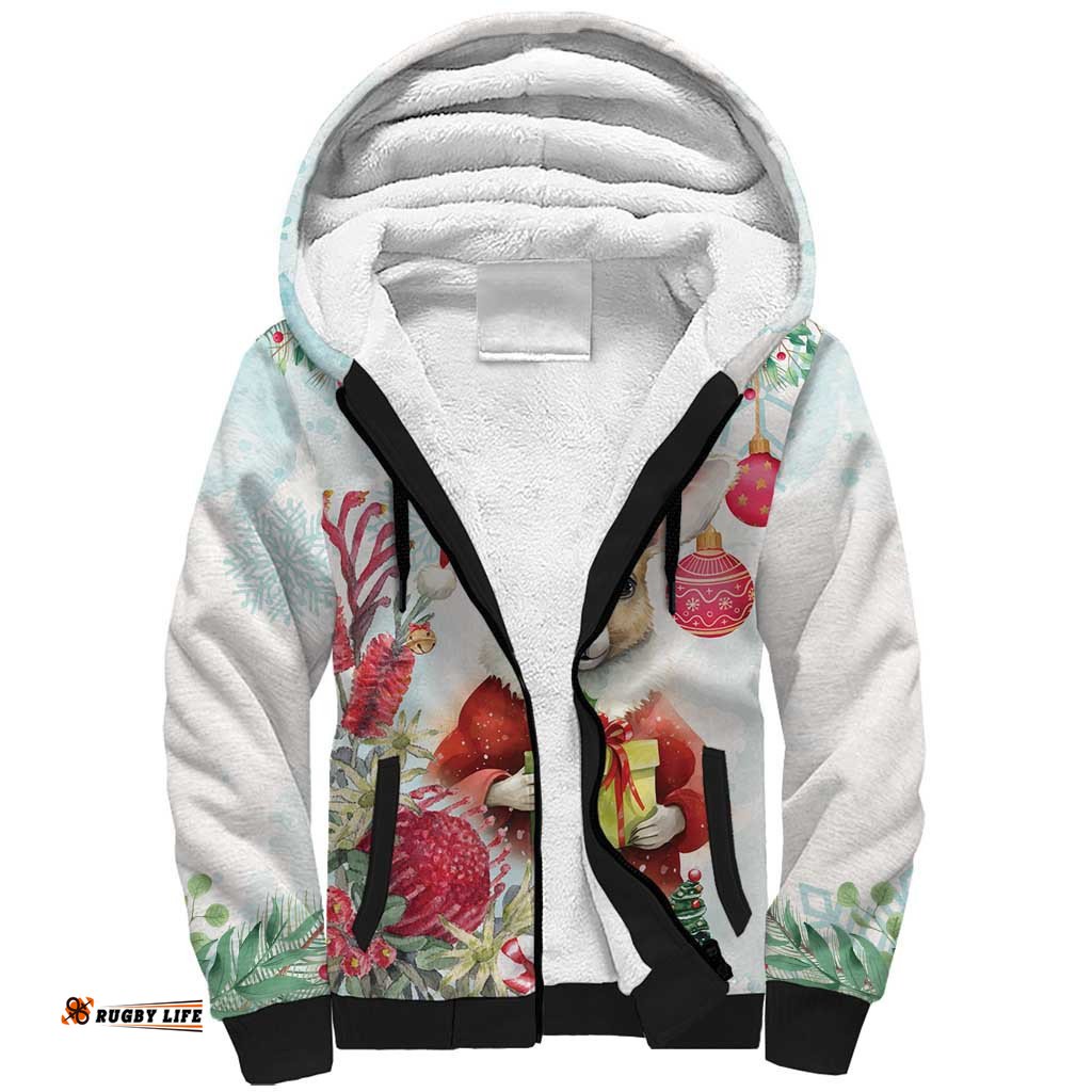 Australia Christmas Sherpa Hoodie Kangaroo Santa With Aussie Flower - Watercolor