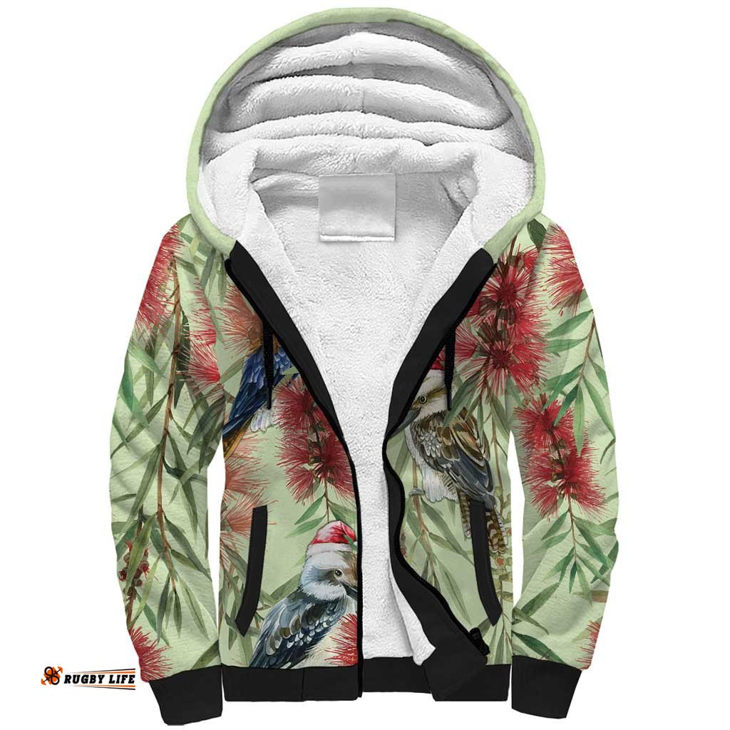 Australia Christmas Sherpa Hoodie Kookaburra Santa on Callistemon - Pastel
