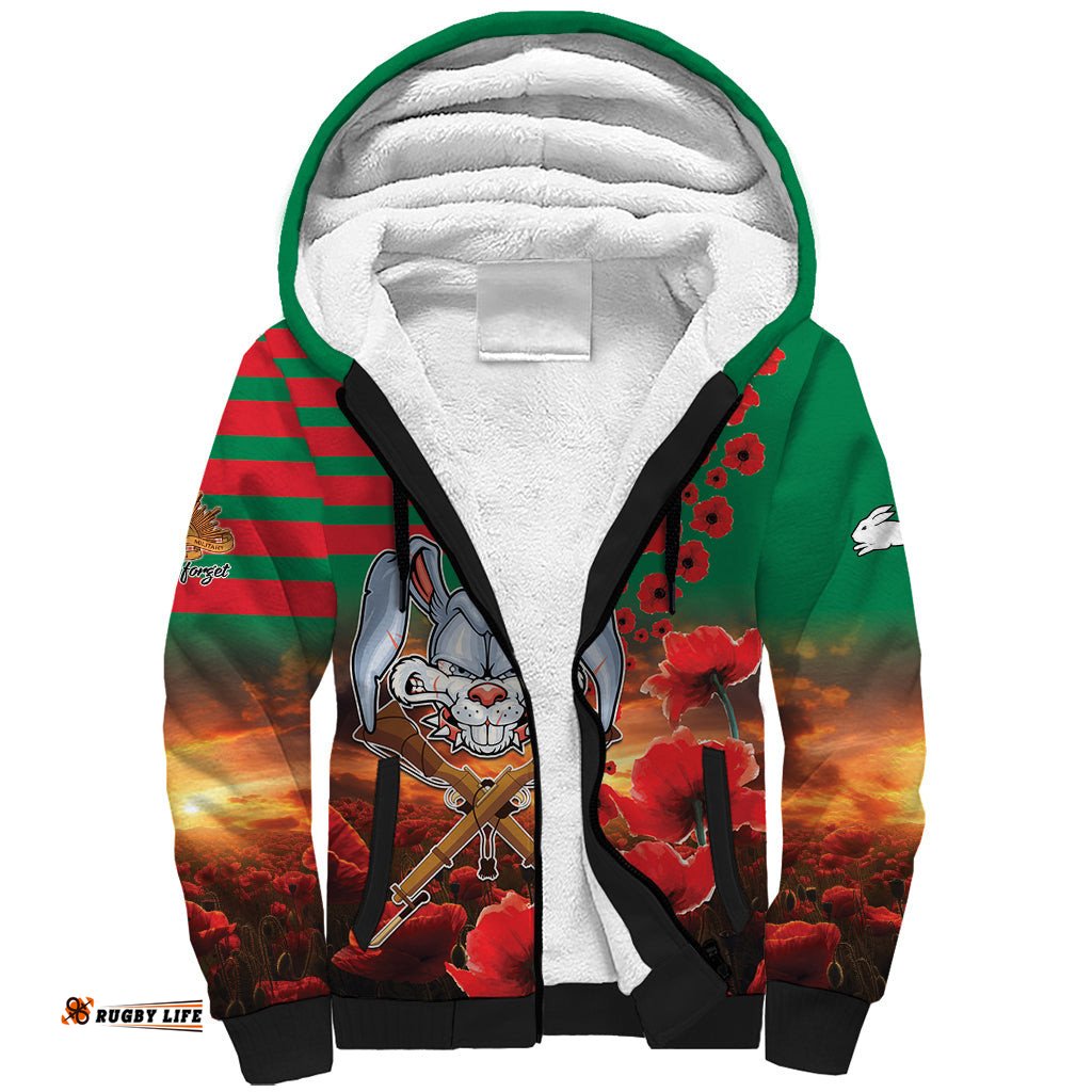 Personalised Rabbitohs Rugby ANZAC Sherpa Hoodie Starry Night and Field of Poppies