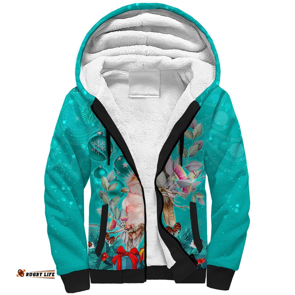 Kookaburra and Cockatoo Sherpa Hoodie Australia Merry Christmas Aboriginal Teal Style