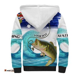 Personalised Australia Fishing Sherpa Hoodie Barramundi With Ocean Waves Flag Grunge Style