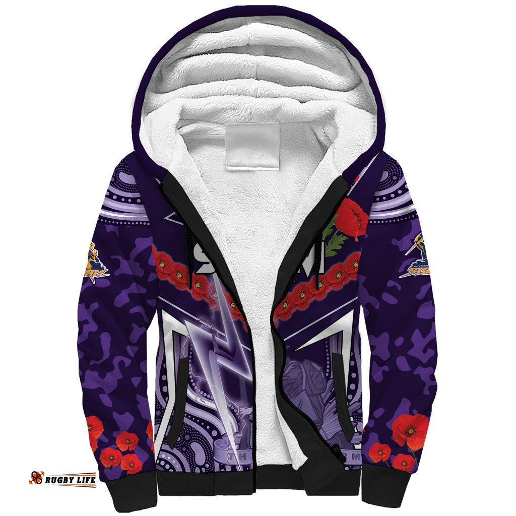 Custom Storm Rugby ANZAC Sherpa Hoodie Melbourne Gallipoli Soldier With Aboriginal Art