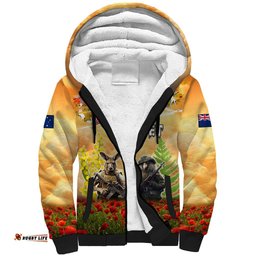 Australia And New Zealand ANZAC Day Sherpa Hoodie Kangaroo And Kiwi Bird Soldiers Lest We Forget