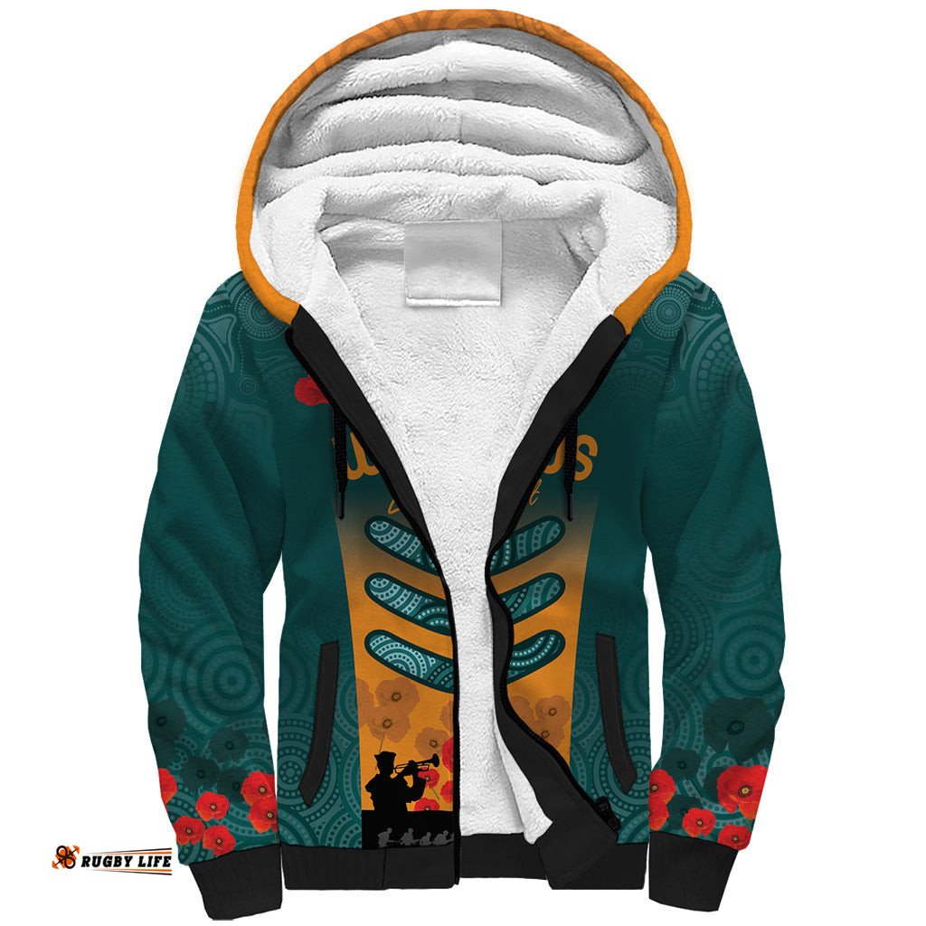 Custom Wallaroos Rugby ANZAC Sherpa Hoodie Poppy Soldier With Aboriginal Dots Art