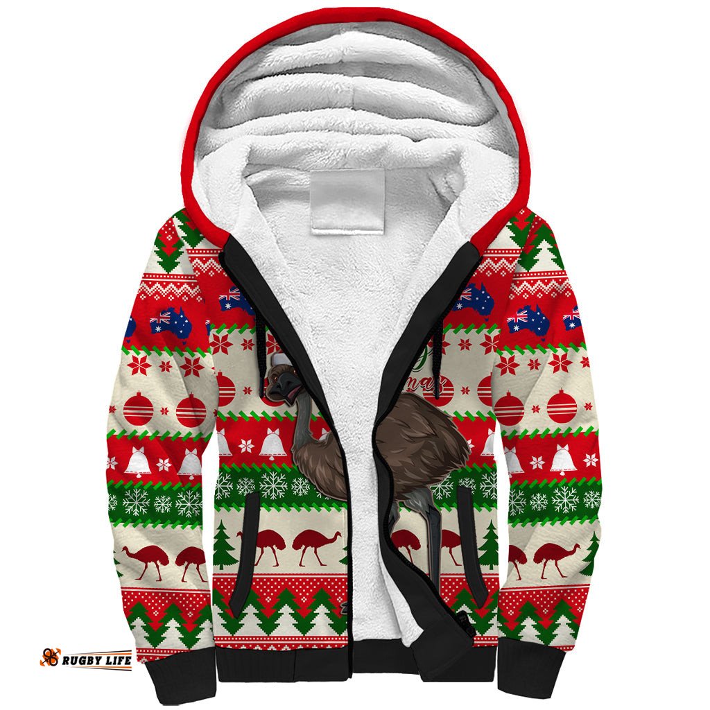 Australia Christmas Sherpa Hoodie Aussie Emu Santa Merry Xmas