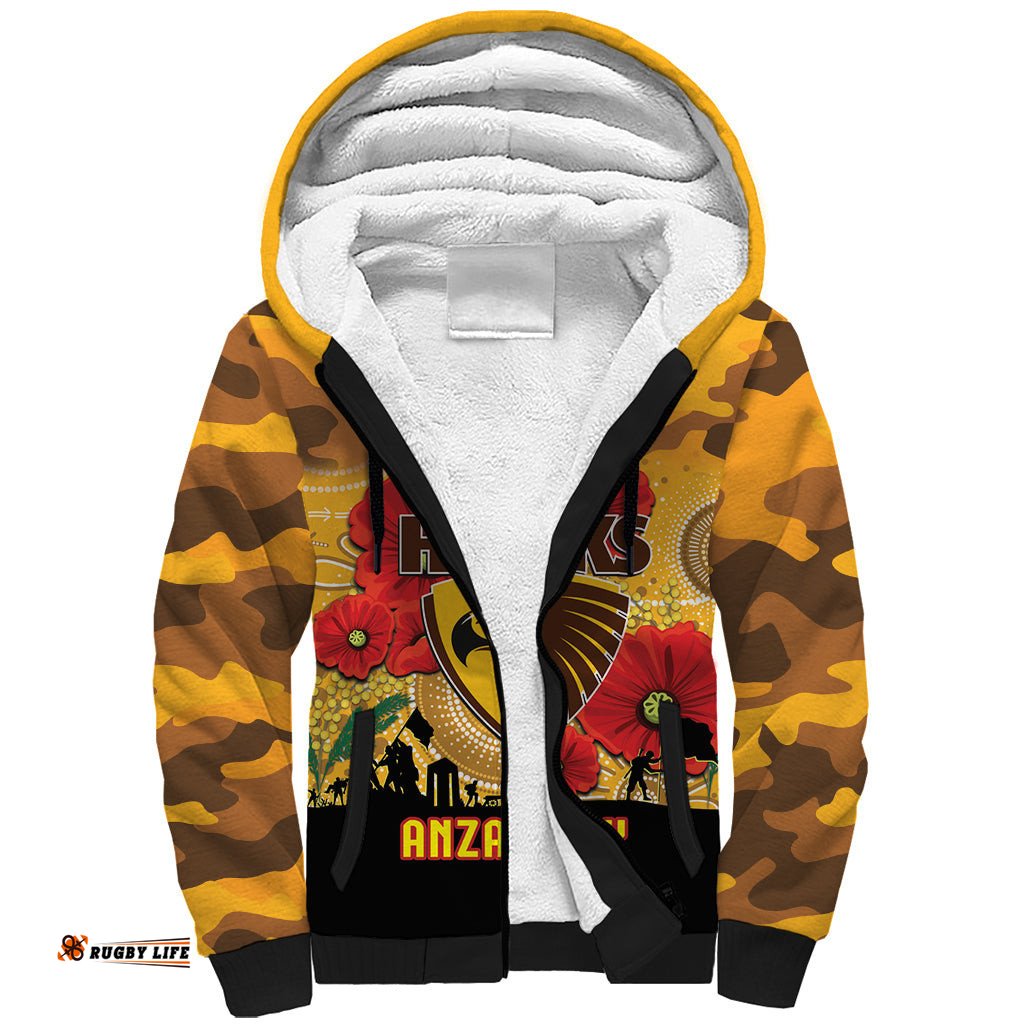 Custom Hawks Football ANZAC Sherpa Hoodie Gallipoli Camouflage With Poppies