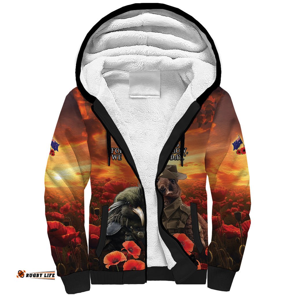 Kangaroo and Kiwi Soldier ANZAC Sherpa Hoodie The Last War Memorial