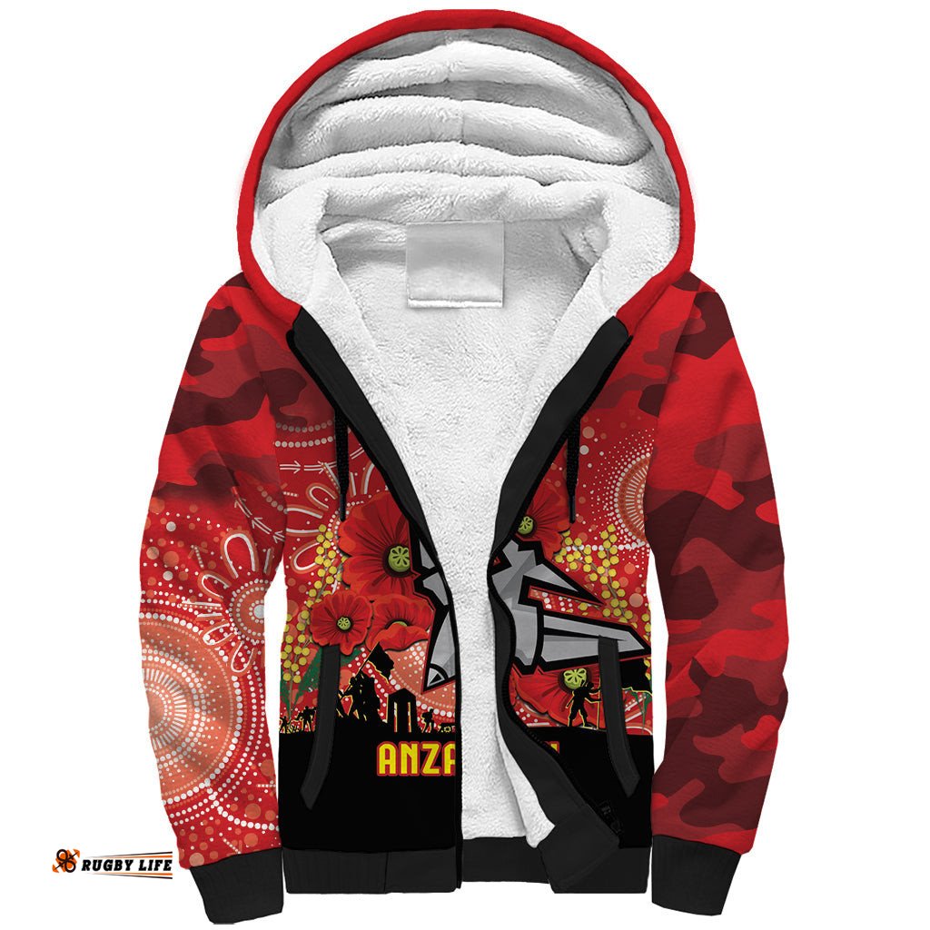 Custom Essendon Football ANZAC Sherpa Hoodie Gallipoli Camouflage With Poppies