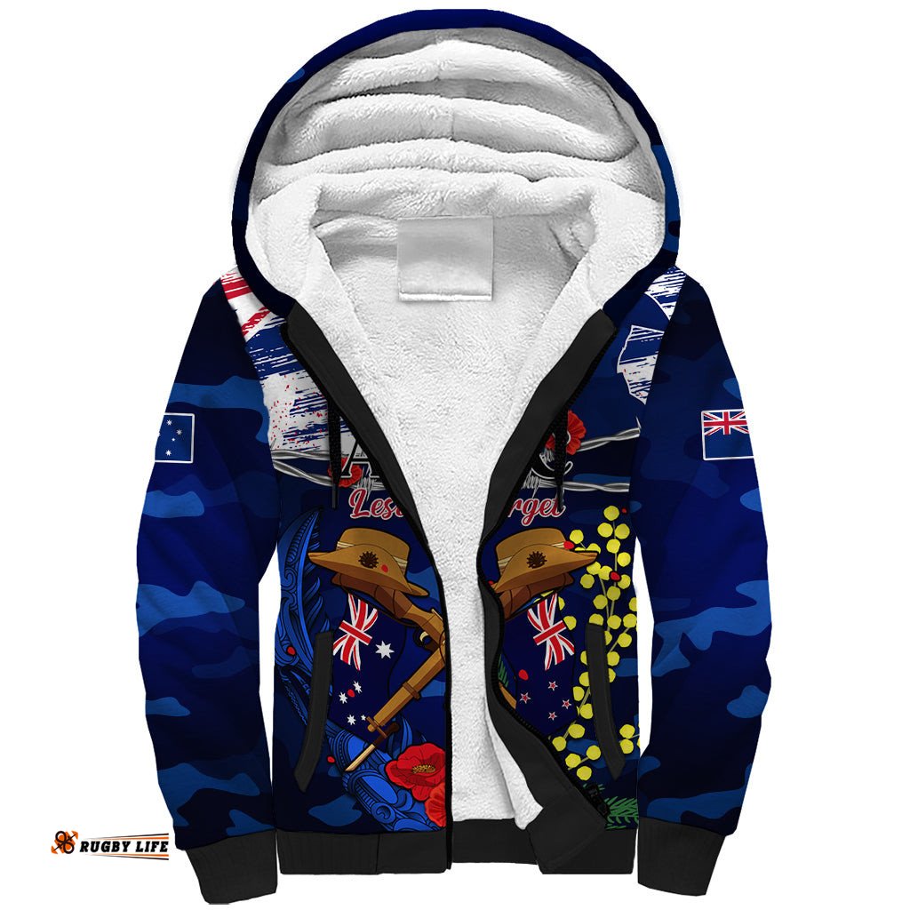 Australia And New Zealand ANZAC Day Sherpa Hoodie Lest We Forget Silver Fern With Golden Wattle