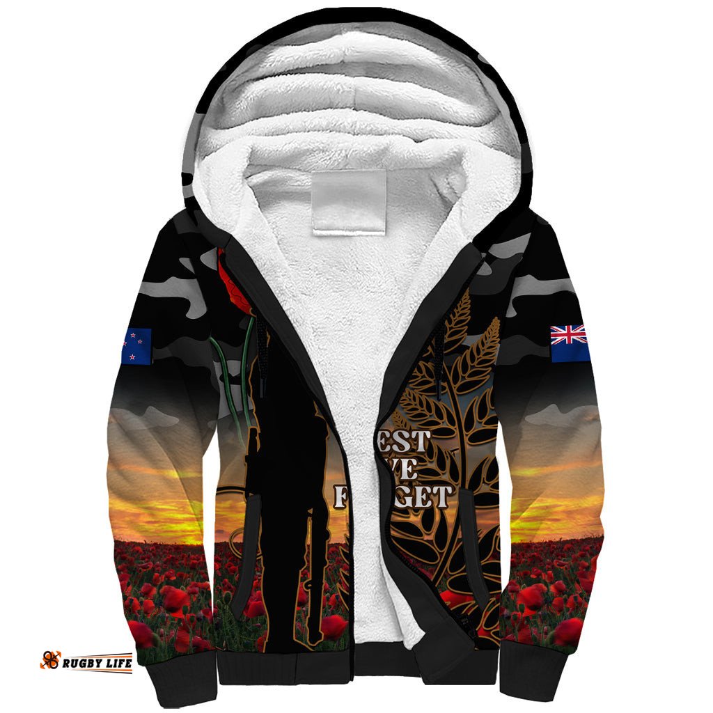 New Zealand ANZAC Day Sherpa Hoodie Lest We Forget Silver Fern With Camouflage