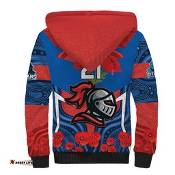 Custom Knights Rugby ANZAC Sherpa Hoodie Novocastrians Gallipoli Soldier With Aboriginal Art
