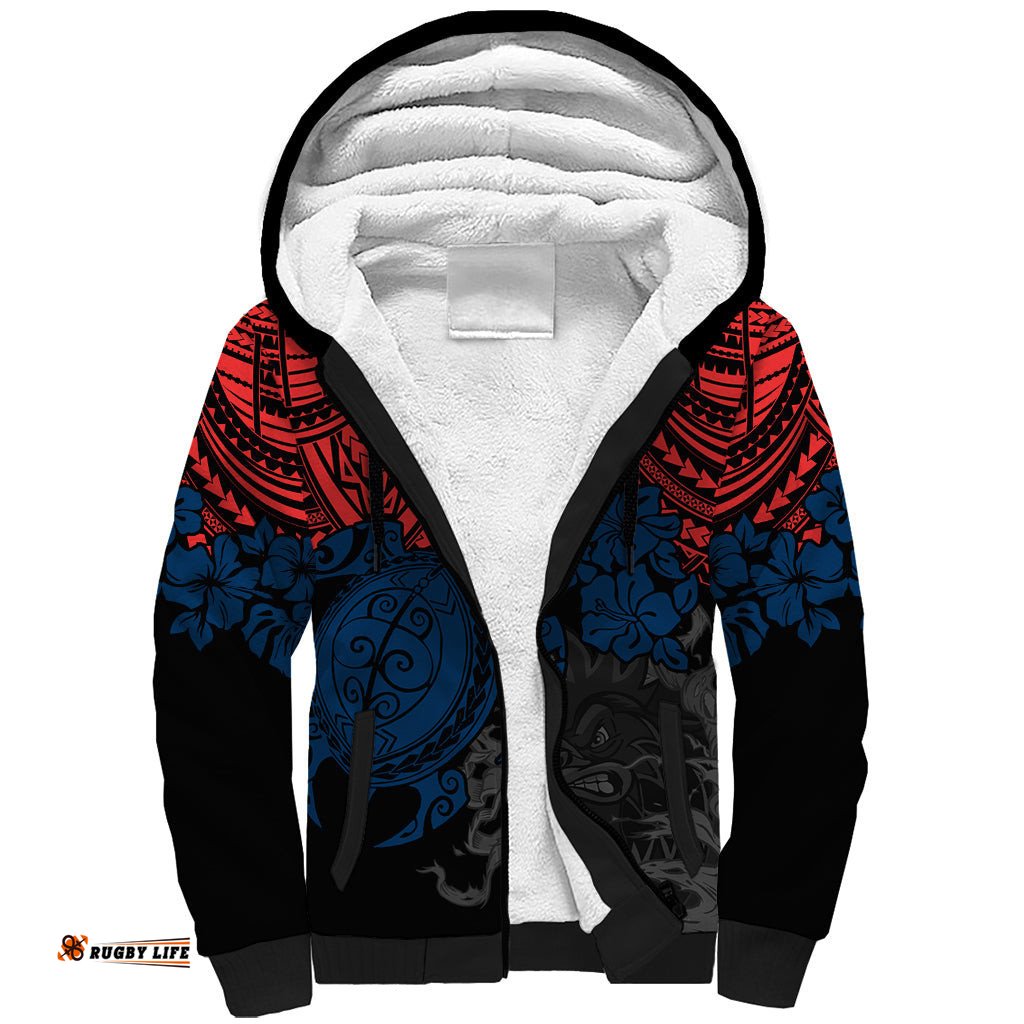 Custom Roosters Rugby Sherpa Hoodie Sydney Hibiscus and Turtle With Polynesian Pattern