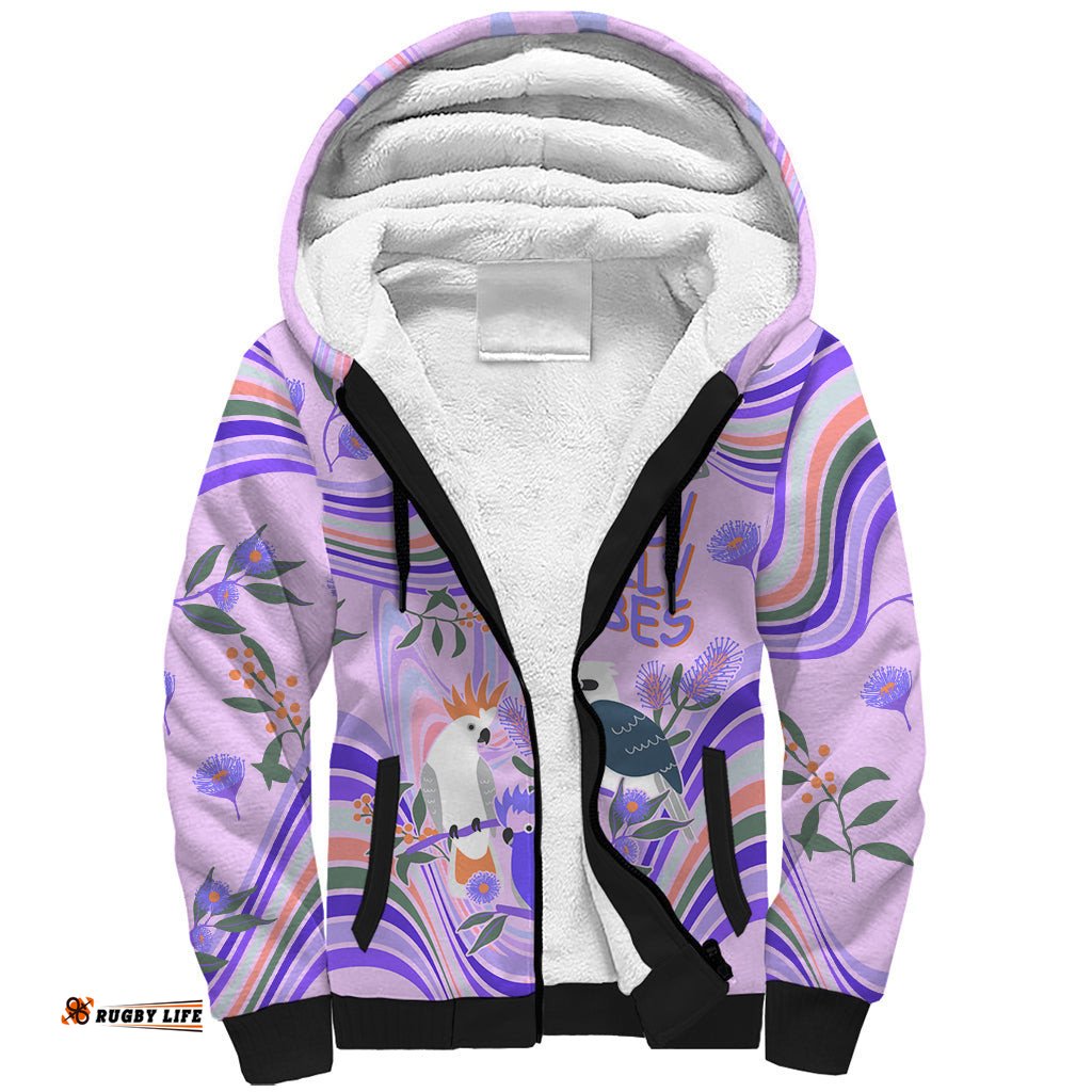 Personalised Australia Hippie Christmas Sherpa Hoodie Cockatoo Kookaburra with Wattle Violet Pastel Color