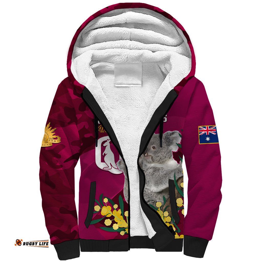 Custom QLD Maroons ANZAC Day Sherpa Hoodie Australian Koala Mix Camouflage