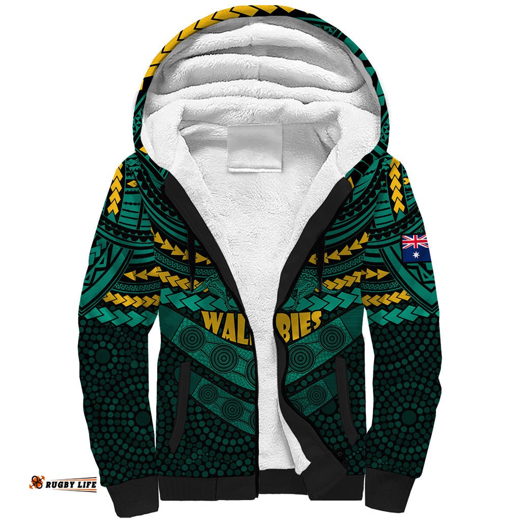 Wallabies Rugby Sherpa Hoodie Polynesian and Aboriginal Special Green Version