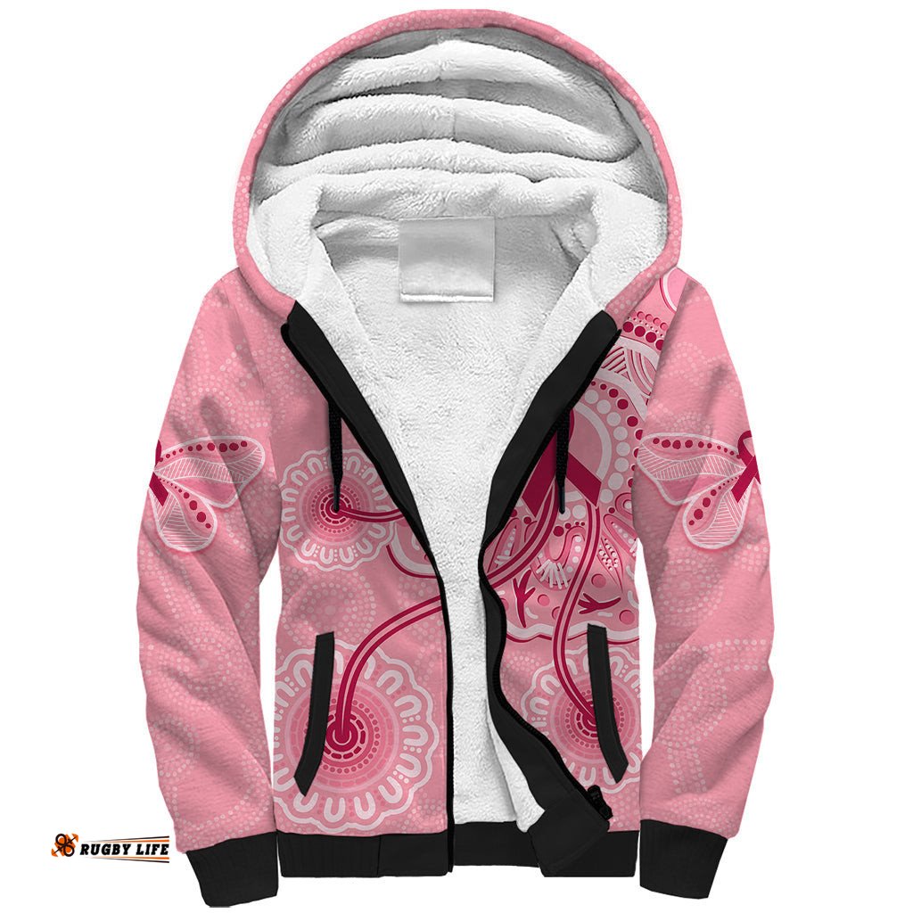 Australia Indigenous Sherpa Hoodie Breast Cancer Ribbon Aboriginal Art - Pink