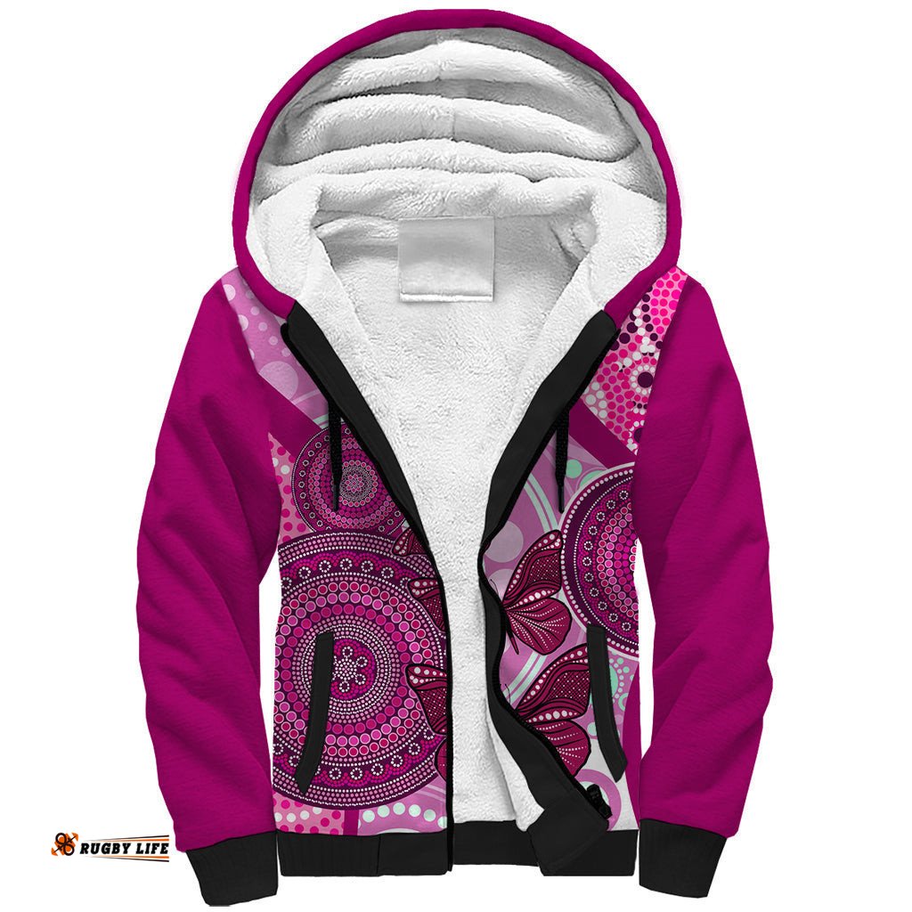 Australia Breast Cancer Sherpa Hoodie Indigenous Butterfly No One Fights Alone