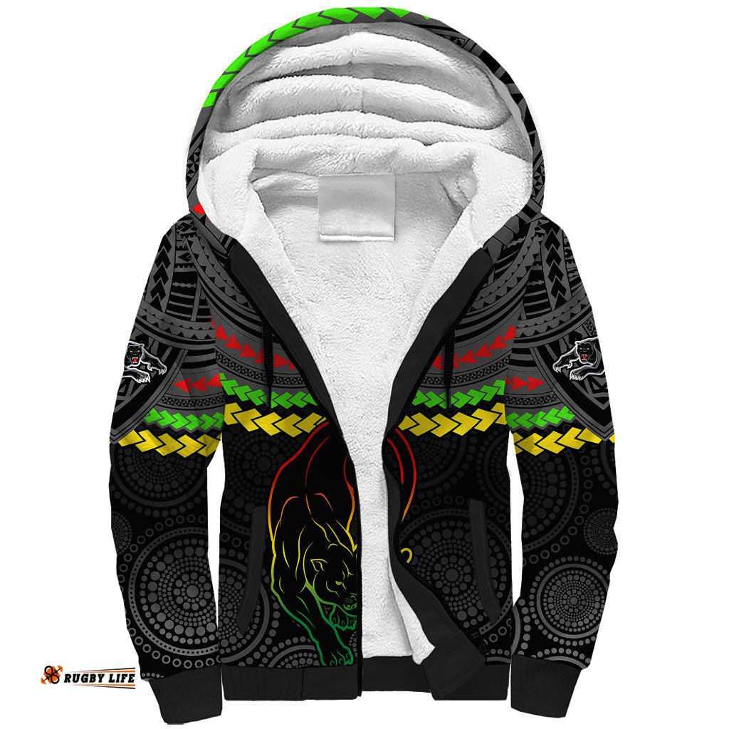 Custom Panthers Rugby Sherpa Hoodie Polynesian and Aboriginal Vibe
