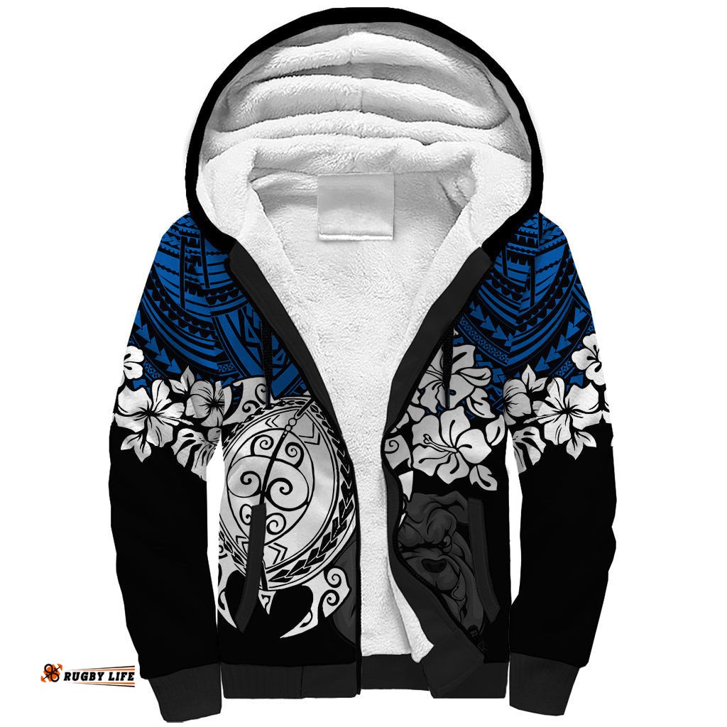 Custom Bulldogs Rugby Sherpa Hoodie Berries Hibiscus and Turtle With Polynesian Pattern