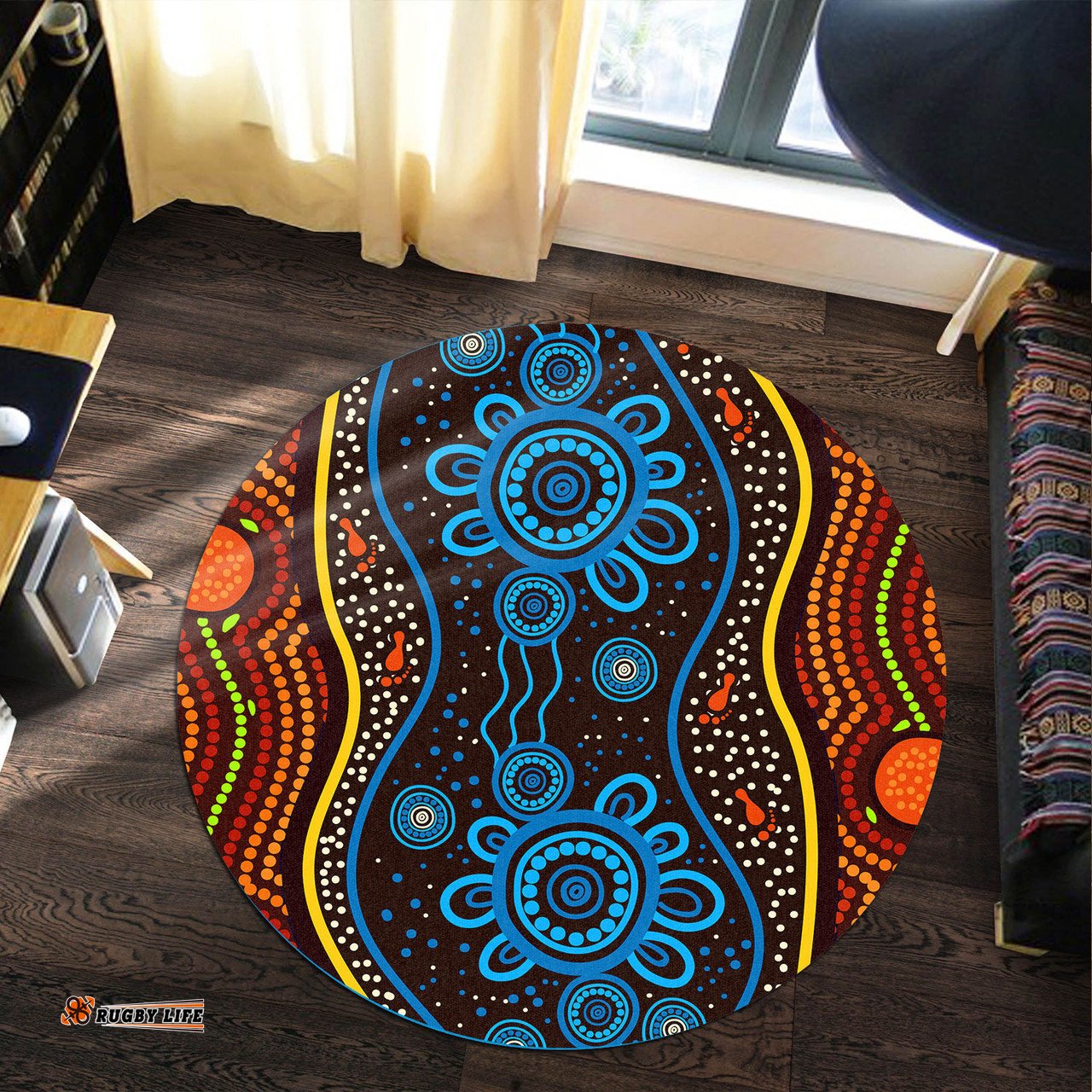 Australia Aboriginal Inspired Round Rug - Aboriginal Inspired Dot Art Painting Land and River With Footprints Round Rug
