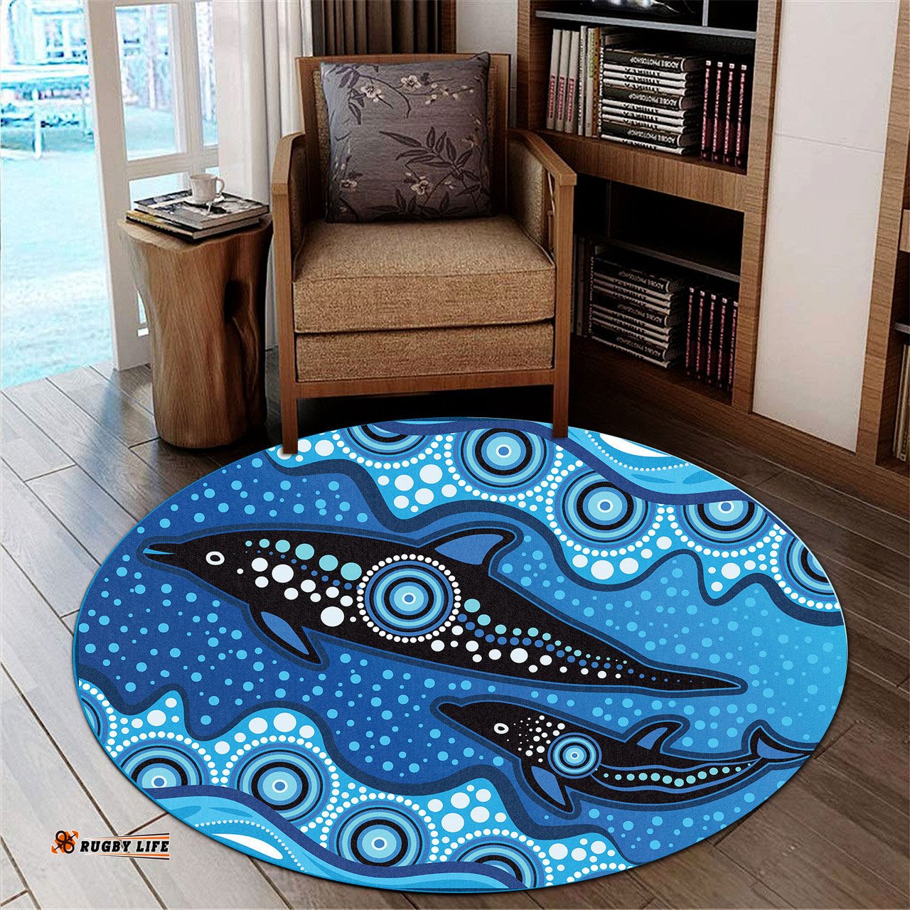 Australia Aboriginal Inspired Round Rug - Aboriginal Inspired dot art design with mother and baby dolphin Round Rug