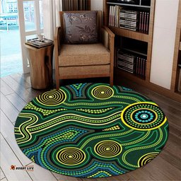 Australia Aboriginal Inspired Round Rug - Green Circle Aboiginal Inspired Dot Painting Style Round Rug