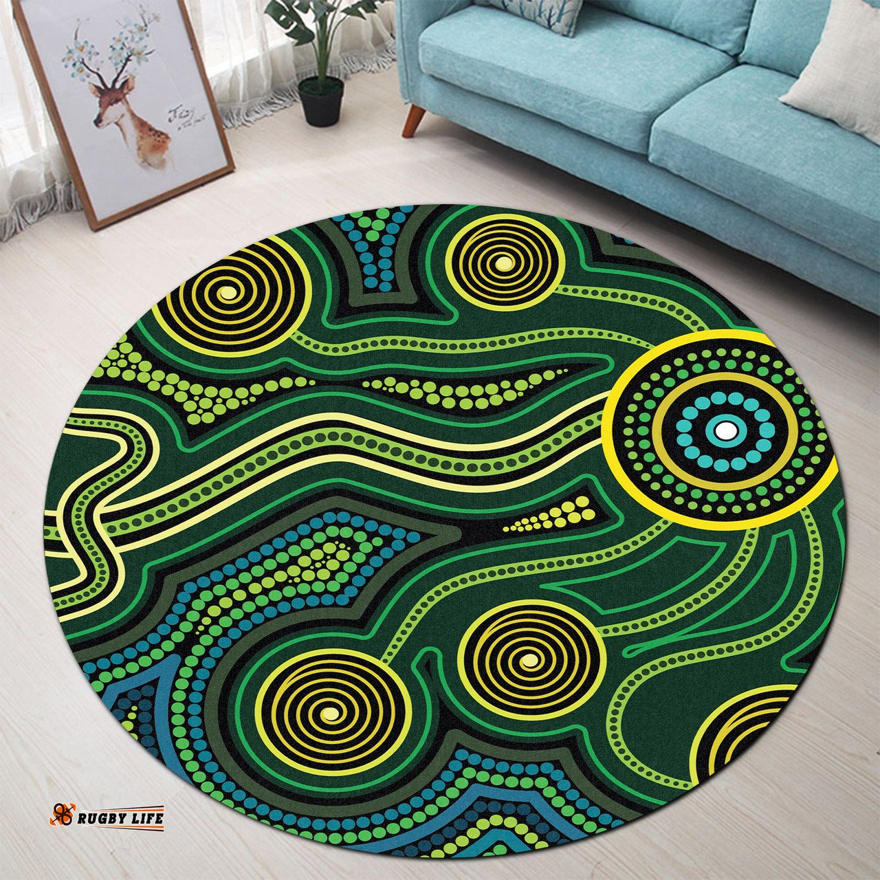 Australia Aboriginal Inspired Round Rug - Green Circle Aboiginal Inspired Dot Painting Style Round Rug