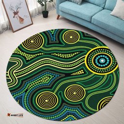 Australia Aboriginal Inspired Round Rug - Green Circle Aboiginal Inspired Dot Painting Style Round Rug