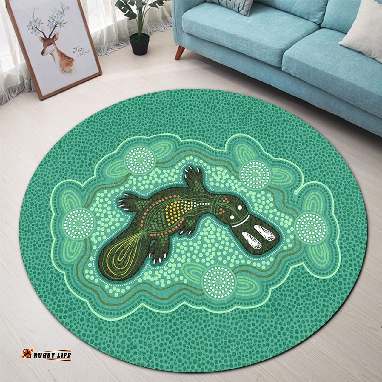 Australia Aboriginal Round Rug - Green Platypus Aboriginal Art Inspired Round Rug