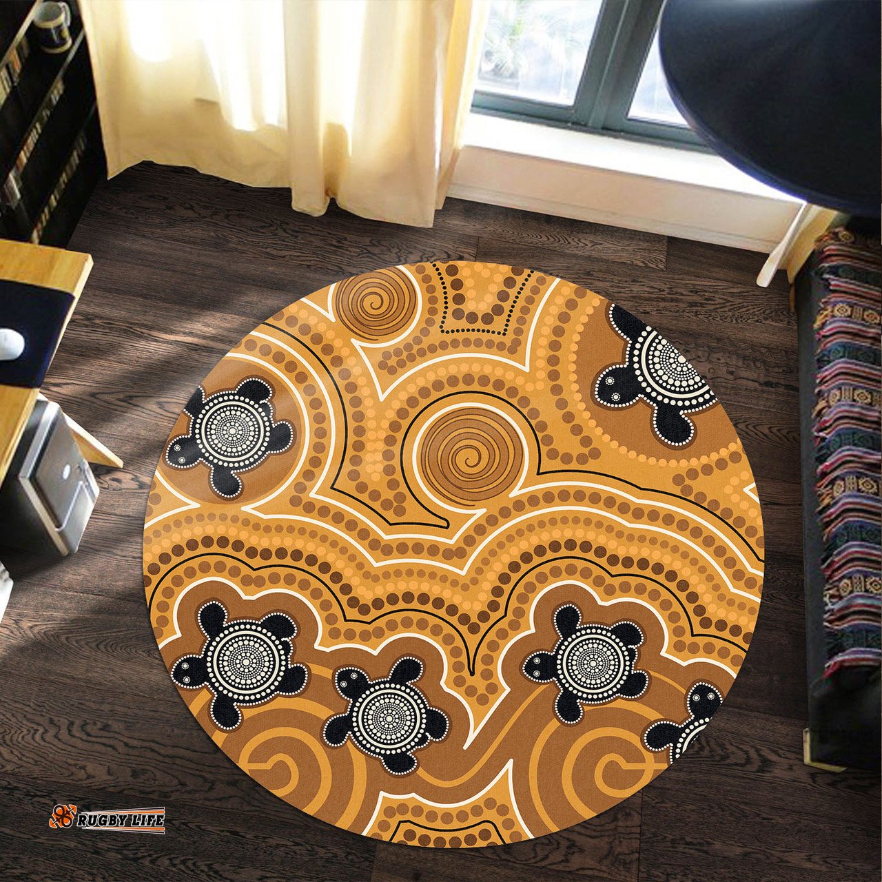 Australia Aboriginal Inspired Round Rug - Aboriginal Dot Art Vector Painting With Turtle Yellow Color Round Rug